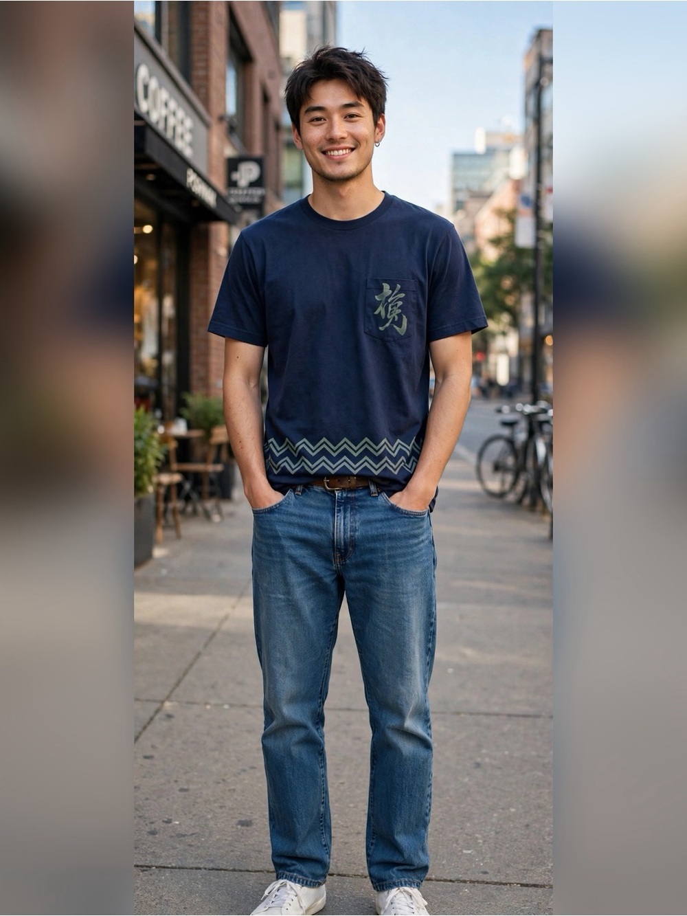 UNIQLO UT Navy Pocket Tee L Japanese Kanji Calligraphy Print Streetwear